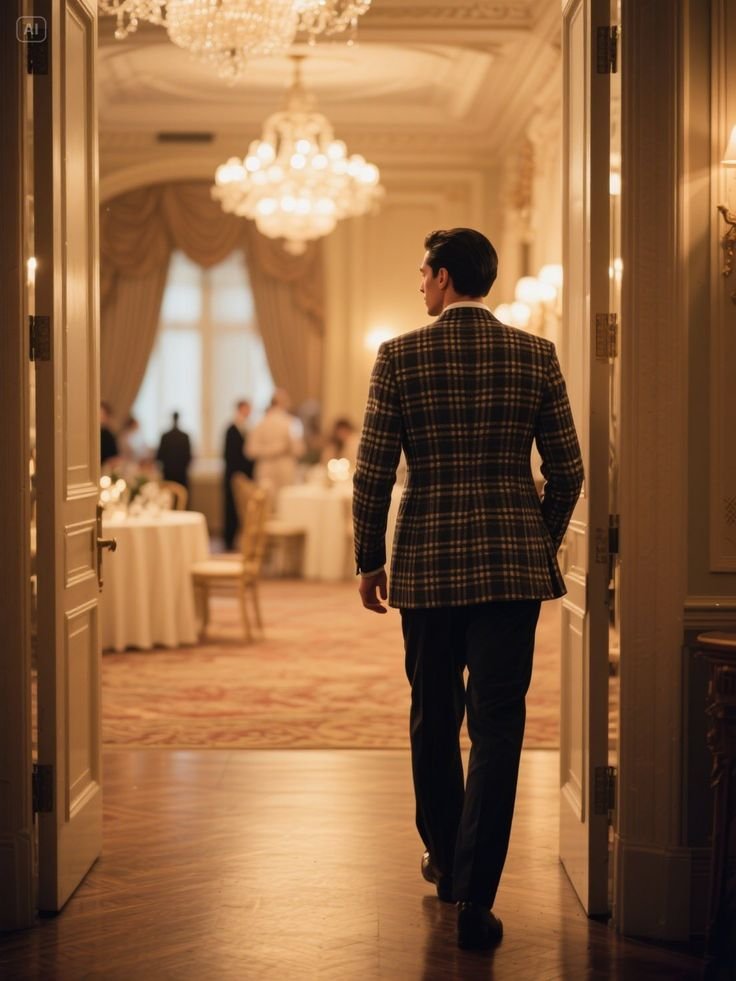 A guest entering a chandelier-lit room