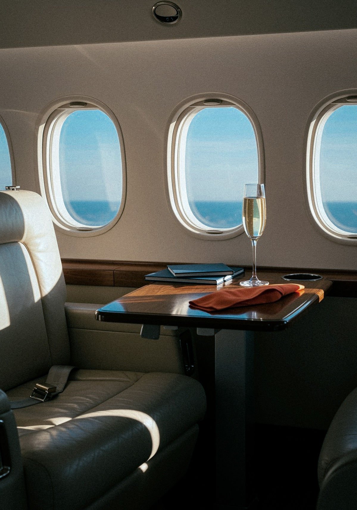 A business-class cabin with a view of the ocean