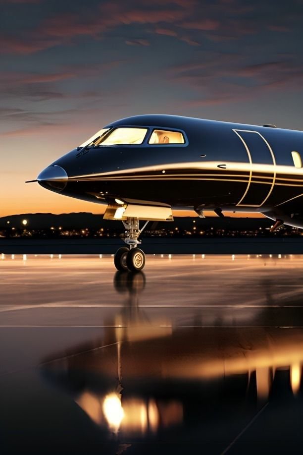 A private aircraft on the runway at sunset